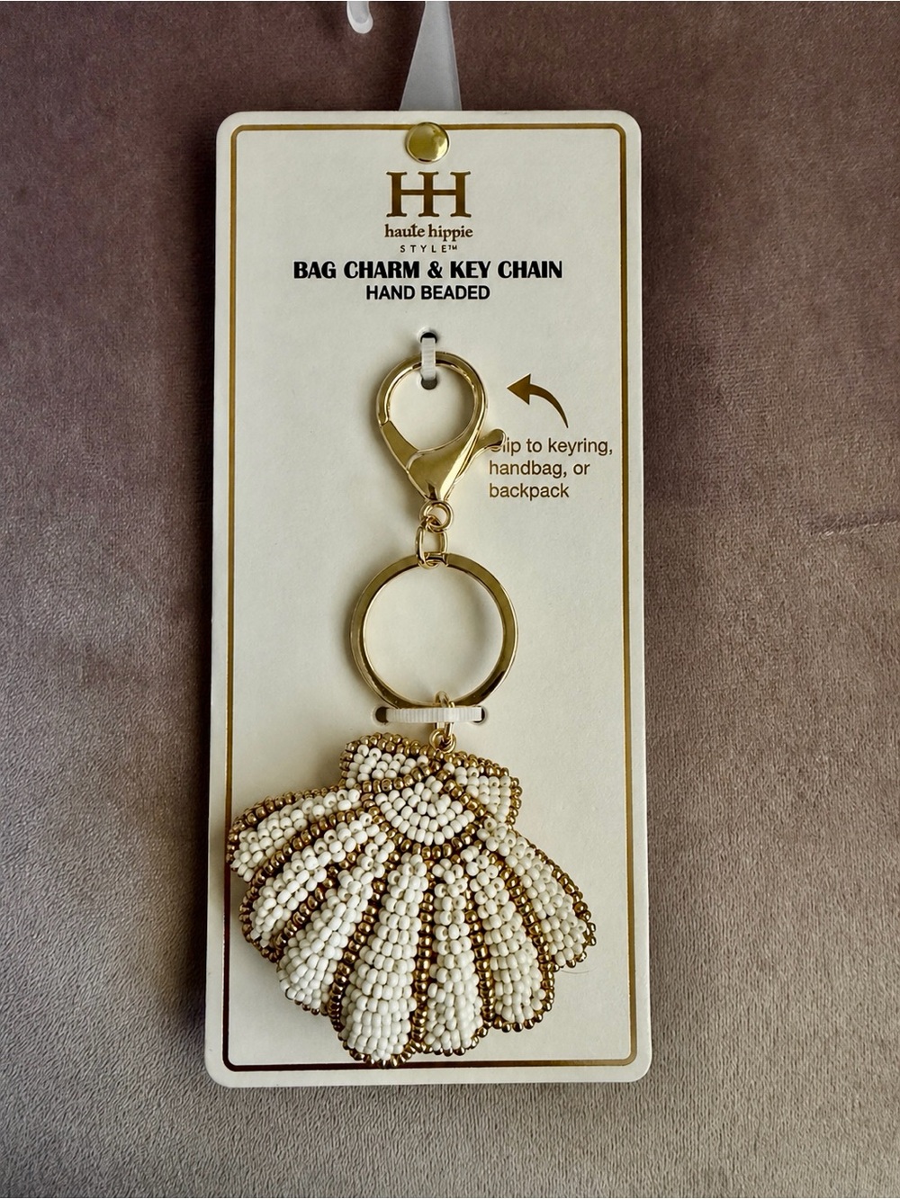 Haute Hippie Beaded Gold & White Seashell Bag Charm/Key Chain